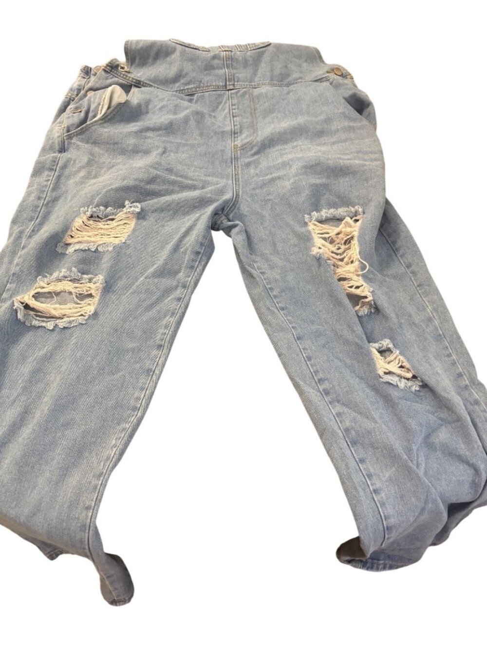 SHEIN Distressed Light Wash Denim Overalls With Adjustable Straps & Pockets Wome